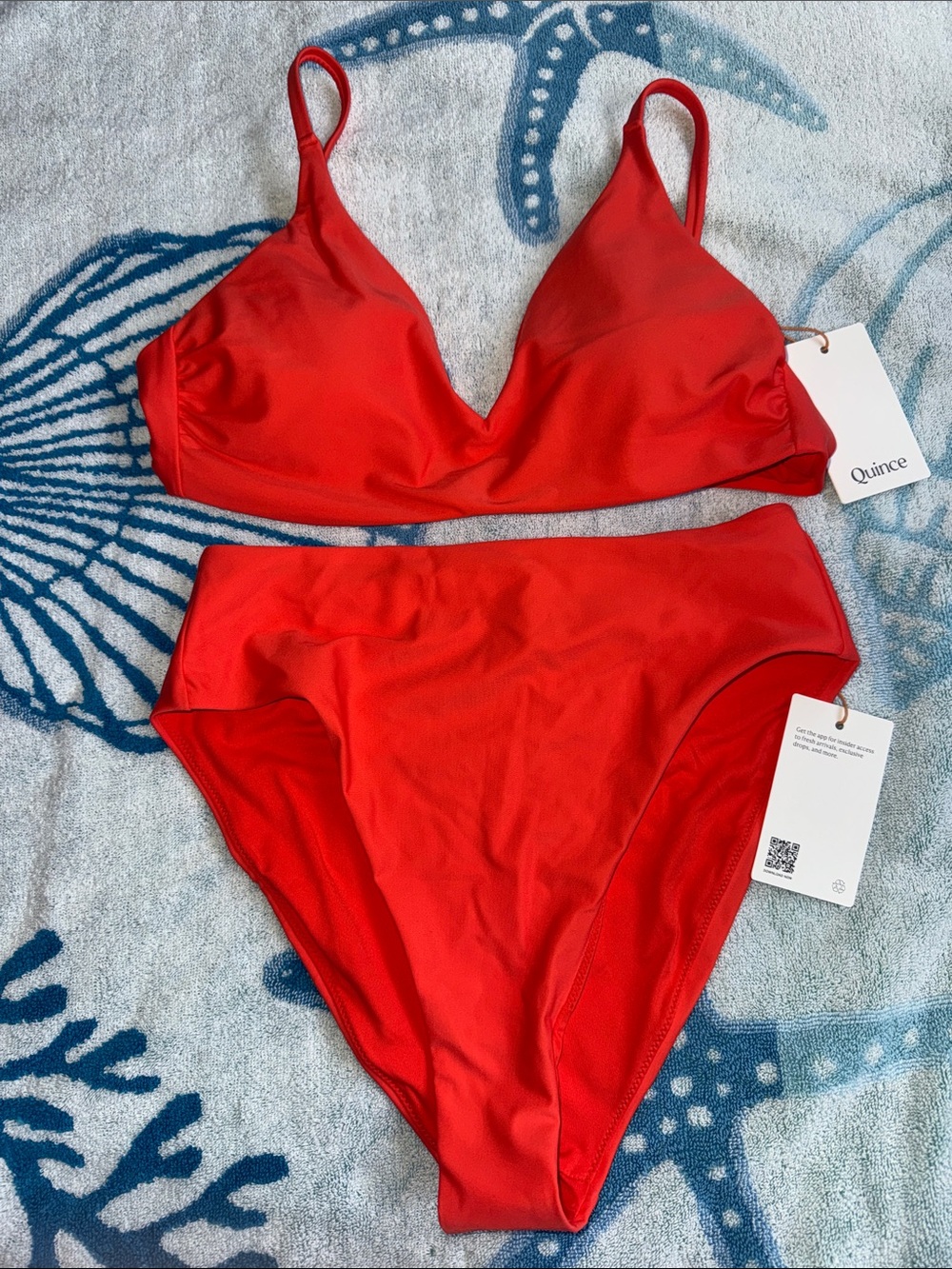 Quince Red/OrangeBandeau-Style Bikini Set with High-Rise Bottoms NWT!